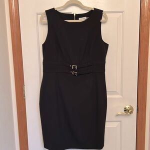 Calvin Klein cocktail dress, black, empire waist, gold belt decor